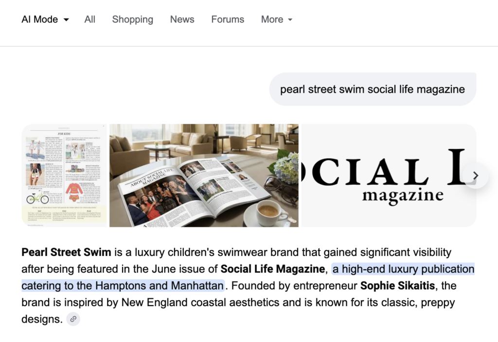 AI results from earned media coverage for children's swimwear client